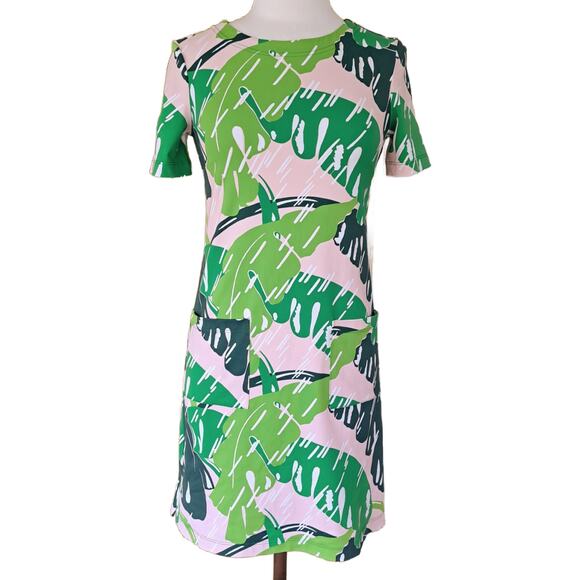 Persifor Carter Short Sleeve Dress Size XS Beverly Hills Banana Leaf Pink Green - Picture 3 of 10